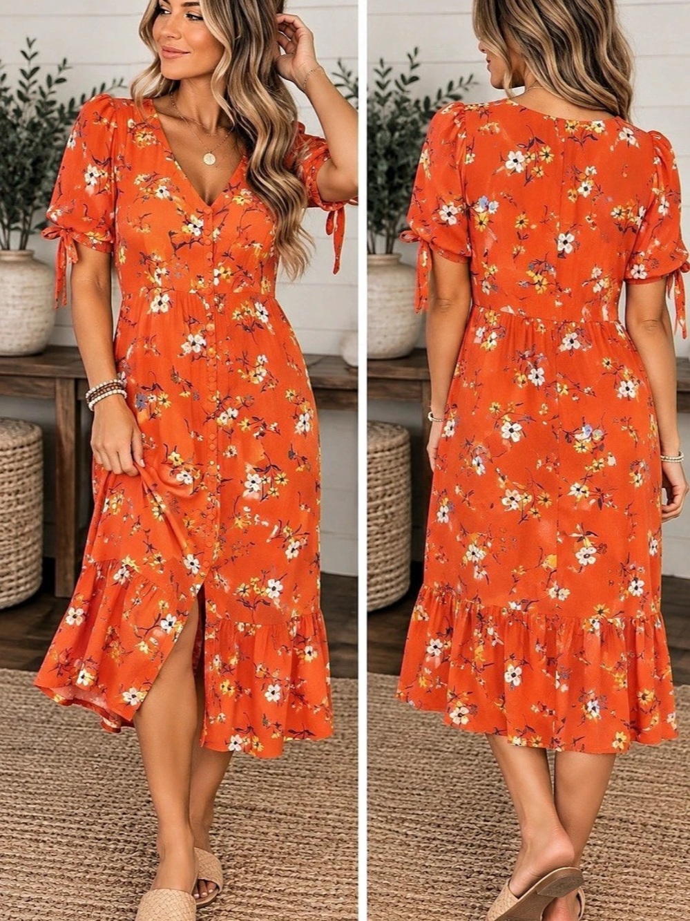 Maeve Cap-Sleeve Floral Button-Front Midi Dress, Orange